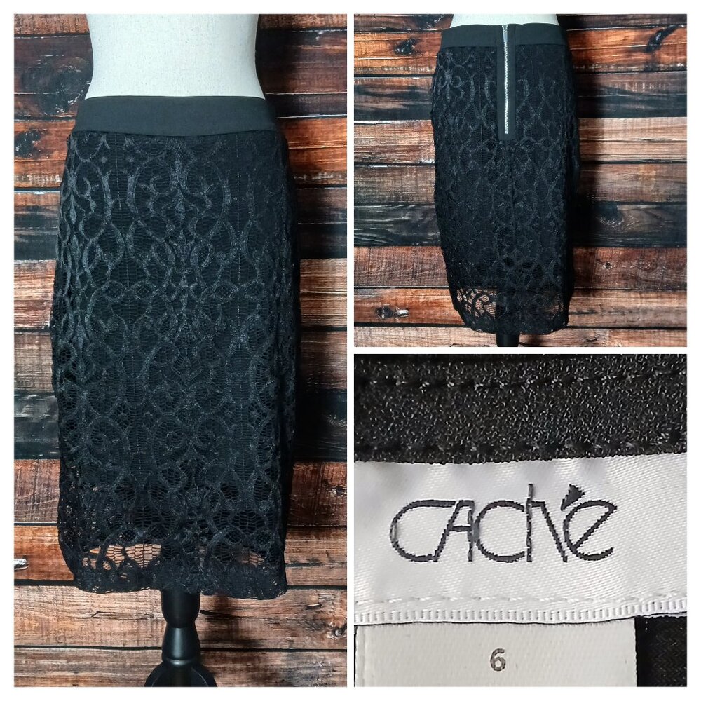 Cache Pencil Skirt 6 Black Lace Overlay Zip Back Stretch